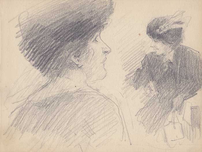 TWO STUDIES OF A LADY WITH ELEGANT HEADRESS, BROOCH AND PURSE by John Butler Yeats RHA (1839-1922) at Whyte's Auctions