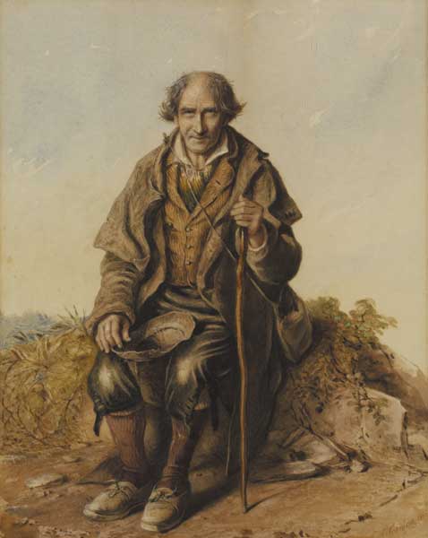 MAN SEATED ON A ROADSIDE WITH CANE AND BEGGING CAP, 1855 by Robert Richard Scanlan sold for �550 at Whyte's Auctions