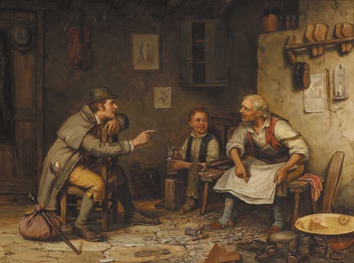 COBBLER HOLDING 'THE FREEMAN'S JOURNAL' WITH TRAVELLER AND YOUNG APPRENTICE by Septimus Dawson (1851-1914) at Whyte's Auctions