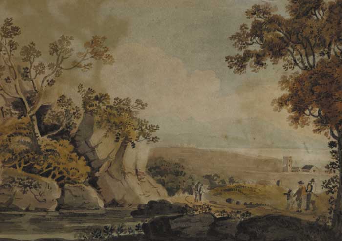 FIGURES ON A PATH WITH CASTLE, BUILDINGS AND MOUNTAIN IN THE DISTANCE and FIGURES AT A BRIDGE WITH COTTAGES BEYOND (A PAIR) by John Henry Campbell (1757-1828) at Whyte's Auctions