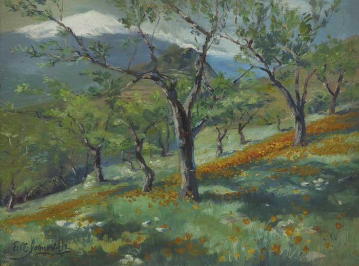 HILLSIDE LANDSCAPE WITH SNOW CAPPED MOUNTAINS BEYOND by Edith Oenone Somerville (1858-1949) at Whyte's Auctions