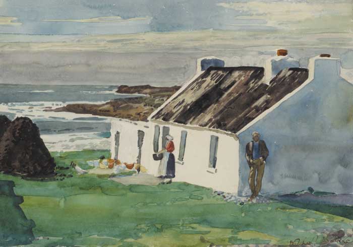 WOMAN FEEDING CHICKENS, MAN LEANING AGAINST COTTAGE WALL WITH TURF STACKS AND SEA BEYOND by Micheál de Burca sold for €1,150 at Whyte's Auctions