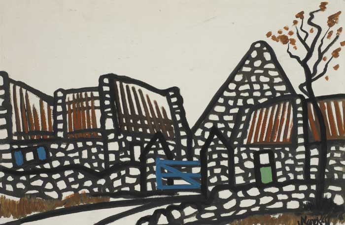 FARMHOUSES WITH BLUE GATE by Markey Robinson (1918-1999) at Whyte's Auctions