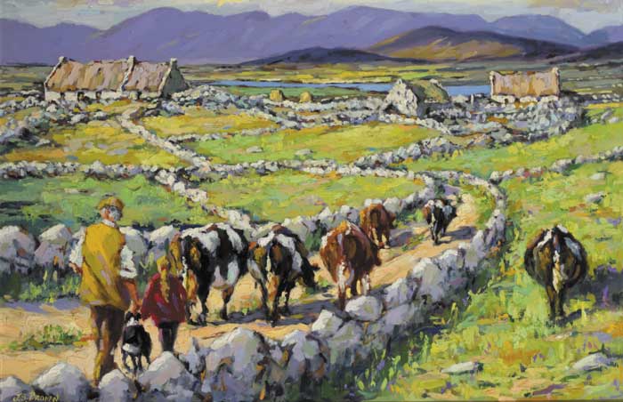 FARMER AND CHILD HERDING CATTLE, CONNEMARA by James S. Brohan (b.1952) at Whyte's Auctions