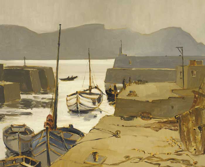 FISHERMEN AND BOATS IN A HARBOUR by Desmond Turner HRUA (b.1923) at Whyte's Auctions