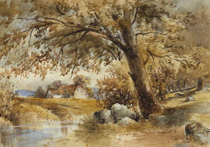 COTTAGE BY A RIVER and FIGURE CARRYING STRAW, 1875 (A PAIR) by William Bingham McGuinness RHA (1849-1928) at Whyte's Auctions