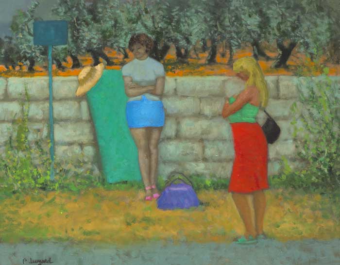BUS STOP, MAIN ROAD TO CORFU FROM KOWTOKALI, CORFU, 1990 by Patrick Leonard HRHA (1918-2005) at Whyte's Auctions