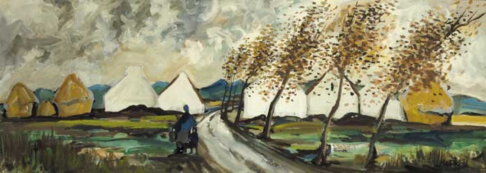MOTHER AND CHILD BY A VILLAGE WITH HAY STACKS by Markey Robinson sold for 3,800 at Whyte's Auctions