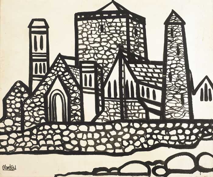 VIEW OF MONASTERY WITH ROUND TOWER by Markey Robinson (1918-1999) at Whyte's Auctions
