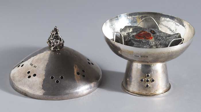 SILVER HOLYWATER RECEPTACLE AND LOURDES STONE WITH RED WAX SEAL, 1976 by Padraig O'Mathuna  at Whyte's Auctions