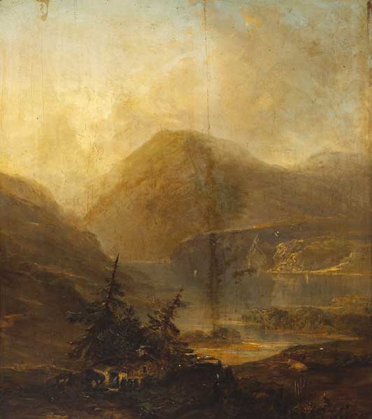 THE POWERSCOURT WATERFALL, COUNTY WICKLOW and COTTAGE WITH FIGURES AND CATTLES BY A LAKE (A PAIR) by William Telbin (1813-1873) (1813-1873) at Whyte's Auctions