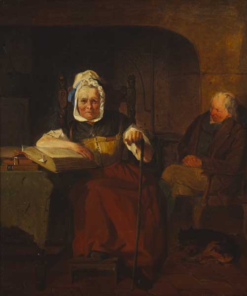 PORTRAIT OF AN ELDERLY LADY WITH AN OPEN BOOK AT A TABLE, GENTLEMAN AND DOG SLEEPING BEHIND at Whyte's Auctions