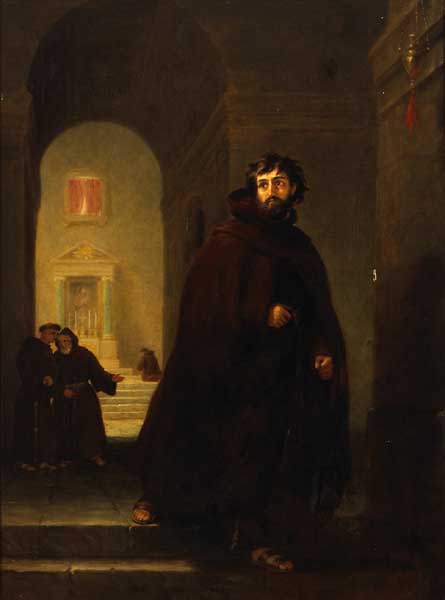 BENEDICTINE MONK LEAVING A CHAPEL WITH MONKS CONVERSING AND PRAYING IN BACKGROUND, c.1820 at Whyte's Auctions