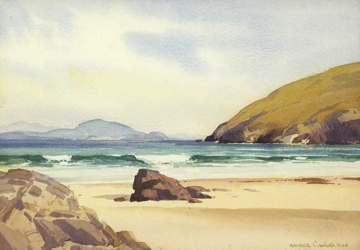 KEEM BAY, ACHILL ISLAND and COTTAGES AND TURF STACKS WITH VIEW OF SLIEVEMORE MOUNTAIN, ACHILL (A PAIR) by Maurice Canning Wilks RUA ARHA (1910-1984) at Whyte's Auctions