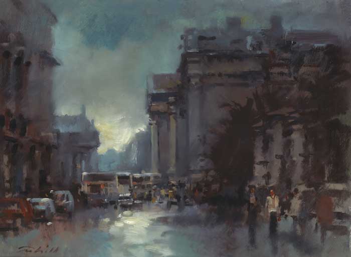 BUS STOP AT TRINITY COLLEGE, DUBLIN by Patrick Cahill (b.1954) at Whyte's Auctions