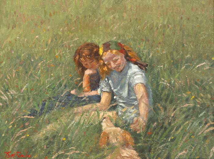 RED-HAIRED GIRLS AND PUPPY IN A FIELD by Tom Roche (b.1940) at Whyte's Auctions
