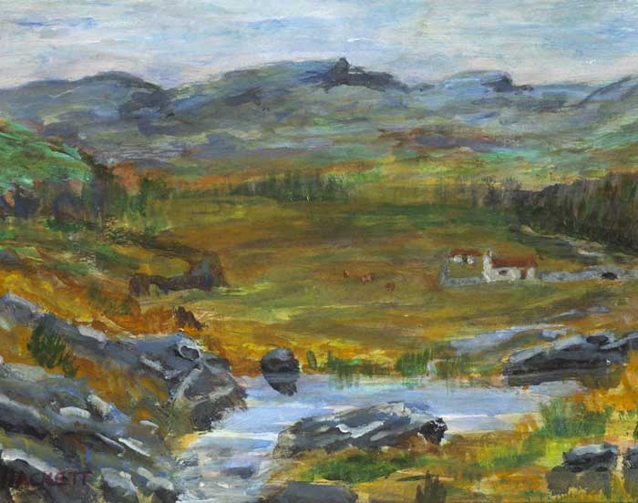 STREAM WITH COTTAGES, CATTLE AND MOUNTAINS BEYOND by Pierce Hackett (b.1936) at Whyte's Auctions