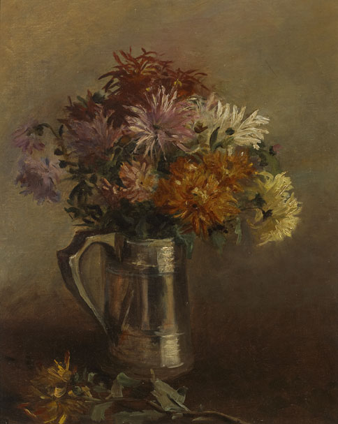 STILL LIFE WITH CHRYSANTHEMUMS IN SILVER JUG by Hans Iten RHA (1874-1930) at Whyte's Auctions