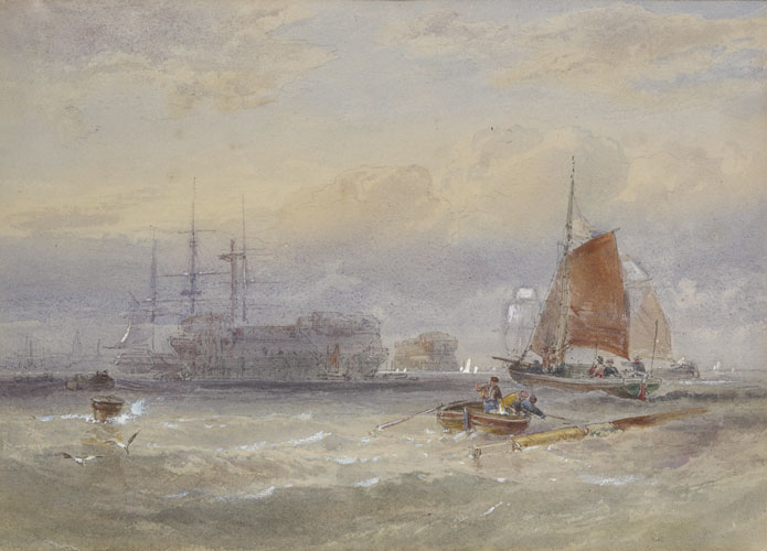 HULKS IN PORTSMOUTH HARBOUR by Edwin Hayes RHA RI ROI (1819-1904) at Whyte's Auctions