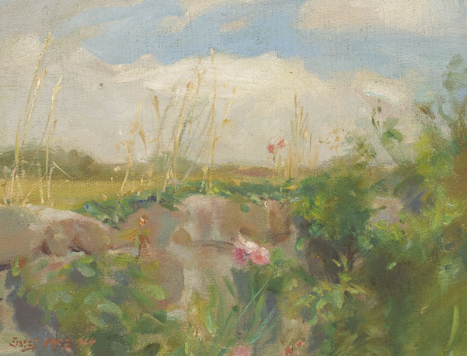 LANDSCAPE WITH PINK FLOWERS, 1964 by Ernest Columba Hayes RHA (1914-1978) at Whyte's Auctions