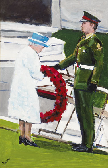 THE QUEEN LAYING A WREATH AT THE ISLANDBRIDGE MEMORIAL GARDEN, DUBLIN by Michael Hanrahan (b.1951) at Whyte's Auctions