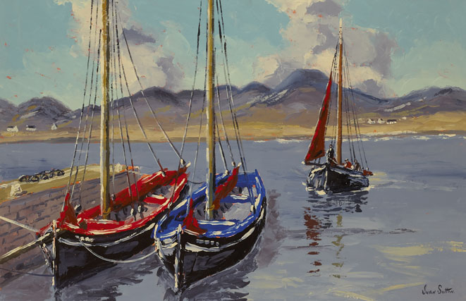 GALWAY HOOKERS BERTHED AT LETTERFRACK HARBOUR, CONNEMARA, COUNTY GALWAY by Ivan Sutton (b.1944) at Whyte's Auctions