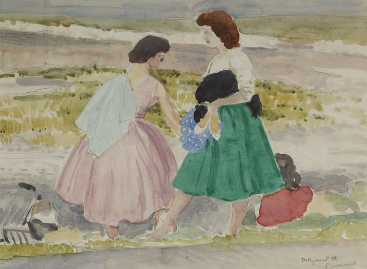 WOMEN ON DOLLYMOUNT STRAND, 1958, and COUPLE LOOKING OUT OVER WATER AT WEXFORD, 1953 (A PAIR) by Patrick Leonard HRHA (1918-2005) at Whyte's Auctions