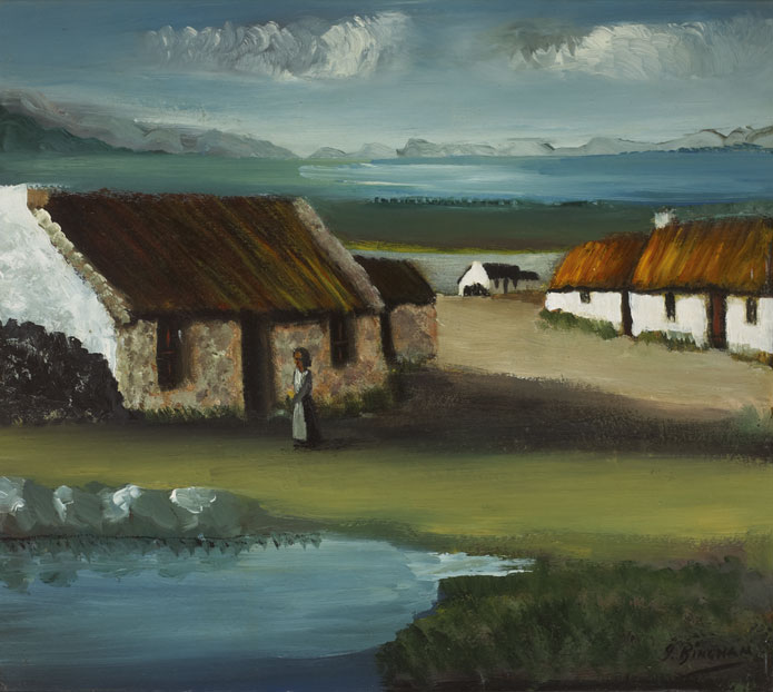 DONEGAL COTTAGES AND FIGURE by James Bingham (19252009) at Whyte's Auctions