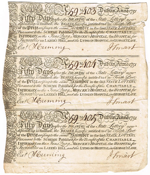 1751: Dublin Joint Hospital Scheme lottery tickets at Whyte's Auctions