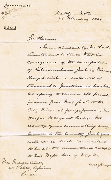 1866 (21 February) Dublin Castle letters relating to the Irish Republican Brotherhood at Whyte's Auctions