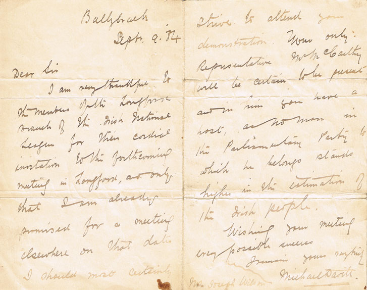 1884 (9 September) Michael Davitt Irish National League letter at Whyte's Auctions