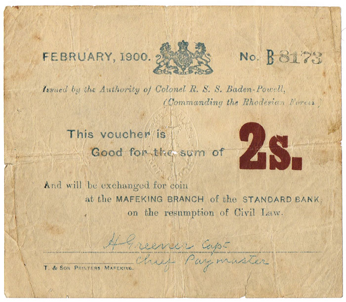1899: Boer War Mafeking Siege money Two Shillings note issued by Baden-Powell at Whyte's Auctions