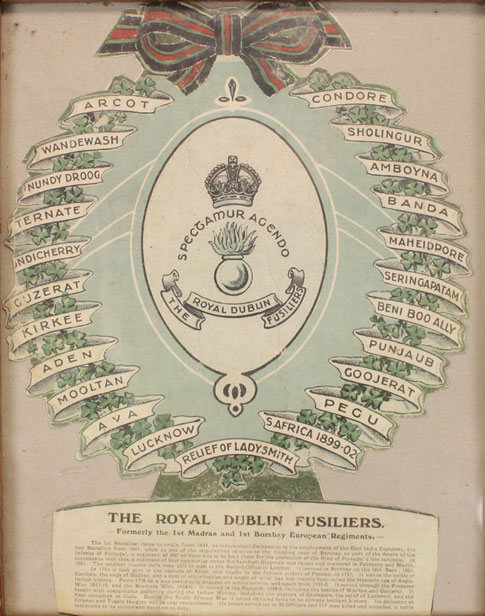 circa 1910: Royal Dublin Fusiliers decorative battle honours crest at Whyte's Auctions