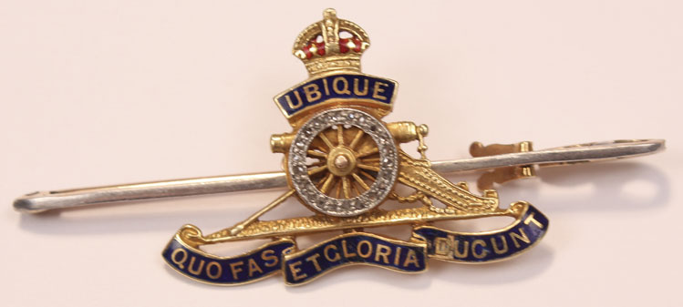 circa 1910: Gold and silver brooch badges including Royal Artillery sweetheart at Whyte's Auctions
