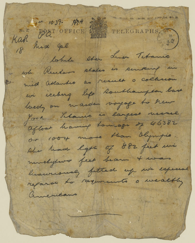 1912 (15 April) The historically important Titanic telegram sent to the Belfast Evening Telegraph on the day of its sinking at Whyte's Auctions