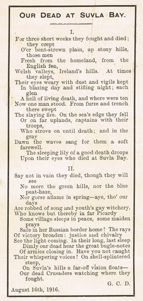 1916 (16 August) Royal Dublin Fusiliers Gallipoli poem handbill by "G.C.D." at Whyte's Auctions
