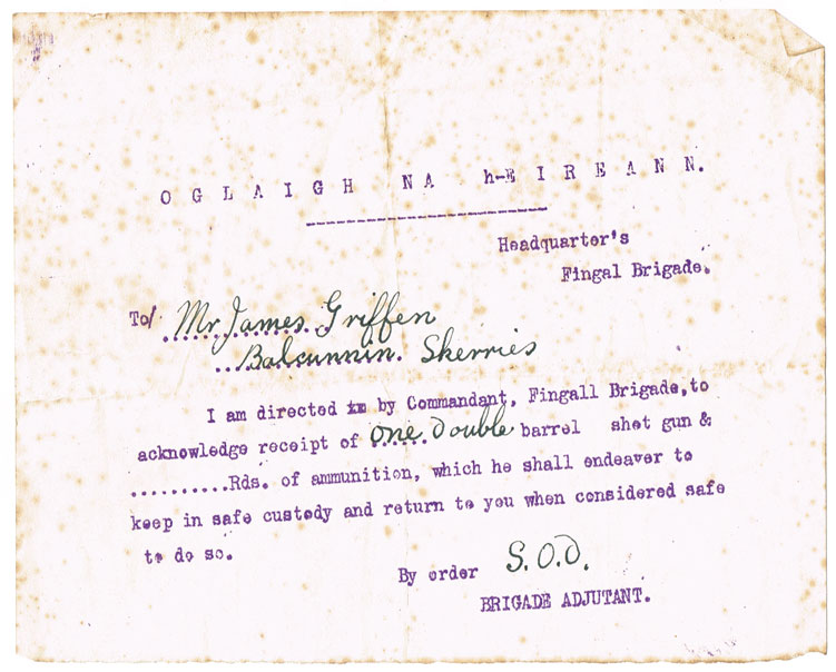 1916-22: Fingal Brigade I.R.A. receipt for commandeered shotgun at Whyte's Auctions