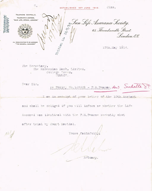 1916 (13 May to 4 July). An extraordinary correspondence re: Pdraig Pearse's Life Assurance Policy. at Whyte's Auctions
