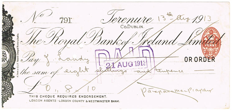 1913. Pdraig Pearse signed cheque 
 at Whyte's Auctions