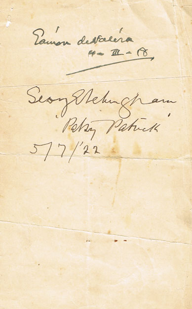 1918-22: Eamon de Valera and Sean Etchingham, Enniscorthy Irish Volunteer Rebellion officer, signatures at Whyte's Auctions