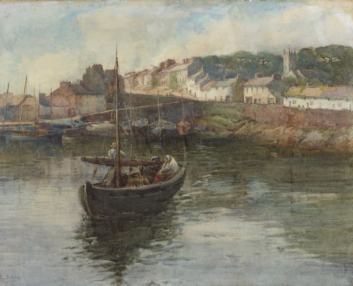 FIGURES IN A BOAT IN ROUNDSTONE HARBOUR, c.1909-1914 by Lady Kate Dobbin sold for �3,000 at Whyte's Auctions