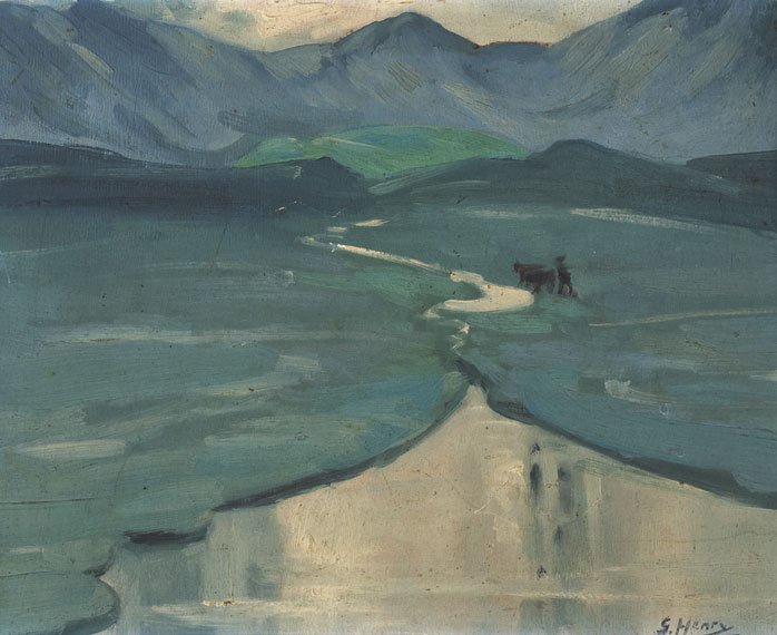 WINDING RIVER WITH HORSE AND FIGURE AND MOUNTAINS BEYOND by Grace Henry HRHA (1868-1953) at Whyte's Auctions