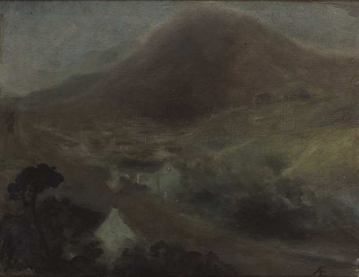 NIGHT SCENE WITH COTTAGES AT BASE OF A MOUNTAIN at Whyte's Auctions