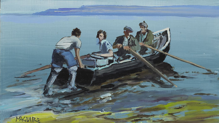 MAN LAUNCHING A CURRACH WITH TWO MEN ROWING by Cecil Maguire RHA RUA (1930-2020) at Whyte's Auctions