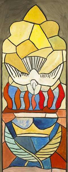 DOVES WITH TONGUES OF FIRE, CARTOON FOR STAINED GLASS WINDOW, ALL HALLOWS CHURCH, WELLINGBOROUGH, NORTHAMPTONSHIRE by Evie Hone HRHA (1894-1955) at Whyte's Auctions