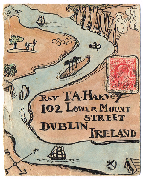 ILLUSTRATED ENVELOPE FROM JACK B. YEATS TO REV. T.A. HARVEY, SHOWING CHART OF PIRATE ISLAND, 1904 by Jack Butler Yeats RHA (1871-1957) at Whyte's Auctions