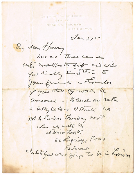 ILLUSTRATED HALF LETTER FROM JACK BUTLER YEATS TO THOMAS ARNOLD HARVEY, 27 JANUARY by Jack Butler Yeats RHA (1871-1957) at Whyte's Auctions
