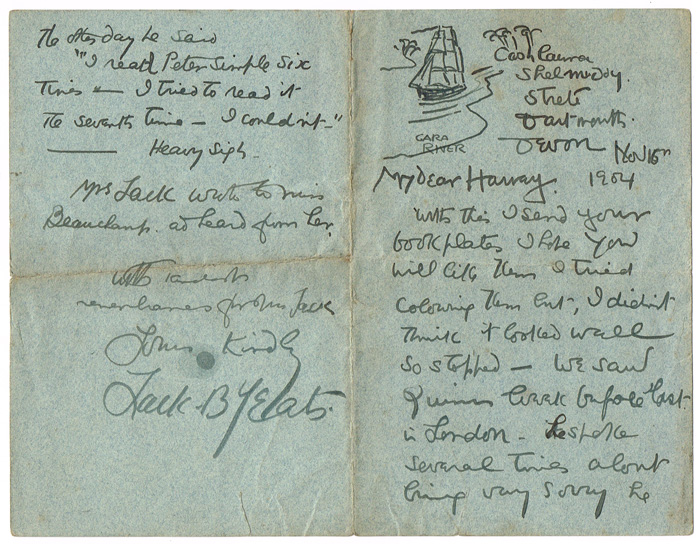 ILLUSTRATED LETTER FROM JACK BUTLER YEATS TO THOMAS ARNOLD HARVEY, 16 NOVEMBER 1904 by Jack Butler Yeats RHA (1871-1957) at Whyte's Auctions