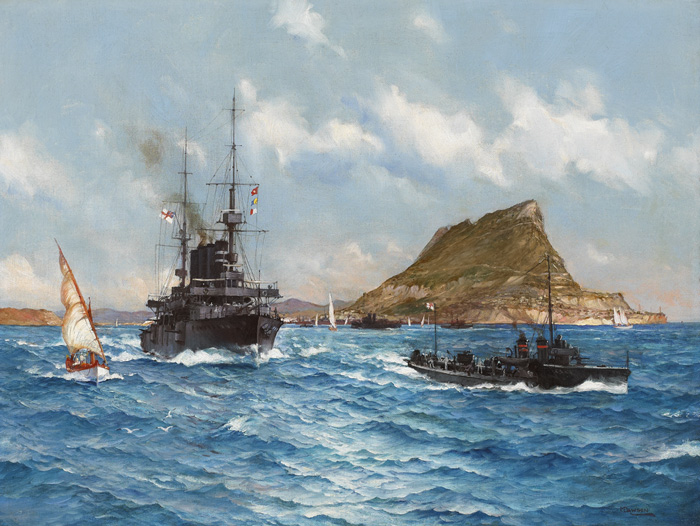 A DEVONSHIRE CLASS CRUISER AND HER DESTROYER ESCORT LEAVING GIBRALTAR, c.1914 by Montague J. Dawson sold for �2,600 at Whyte's Auctions
