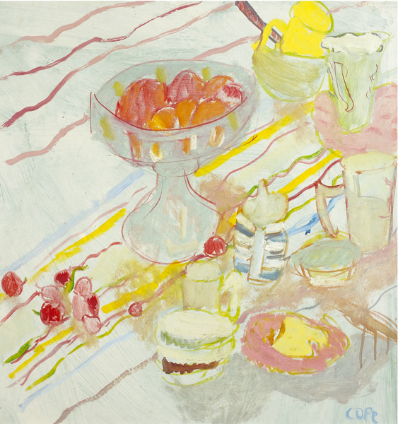 STILL LIFE ON STRIPED TABLECLOTH by Elizabeth Cope (b.1952) at Whyte's Auctions